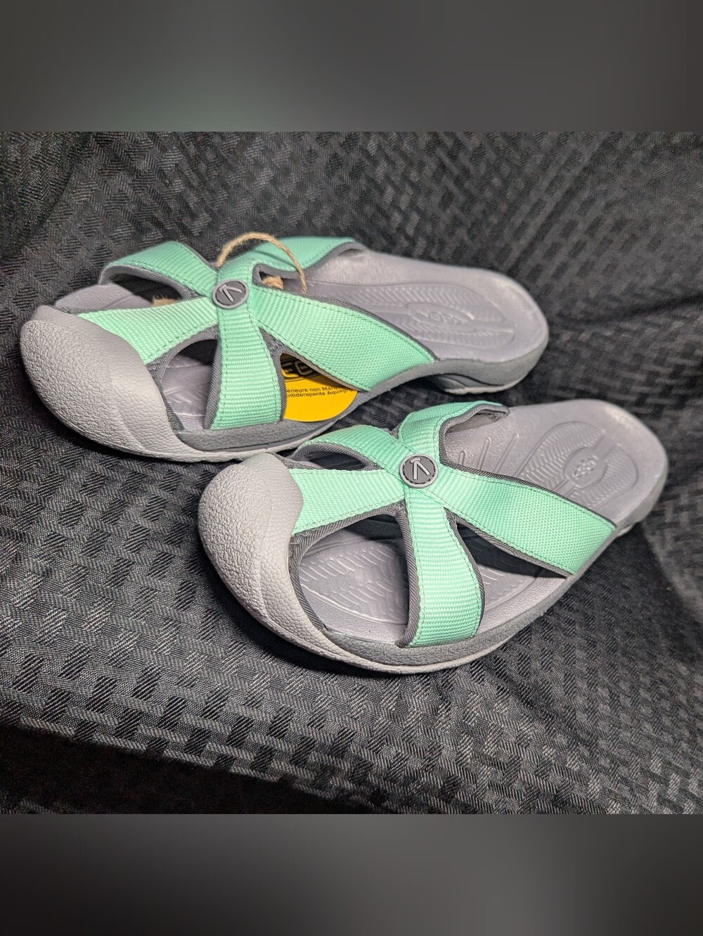 Mint Green & Gray Bali Keen Cross-Strap Slide Sandals.